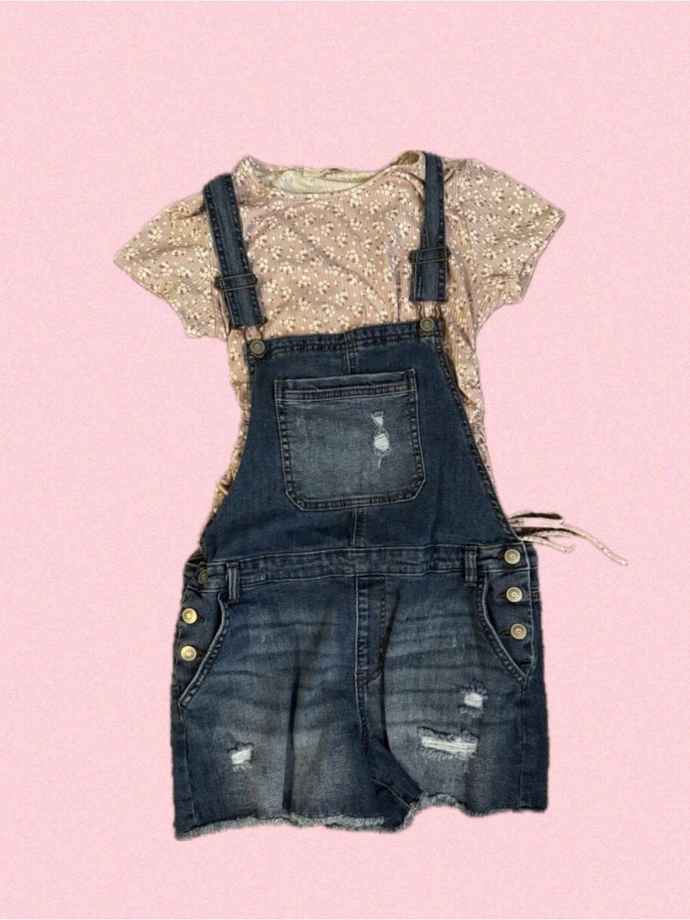 Denim Overall Shorts in Dark Blue with Pink Floral Tee